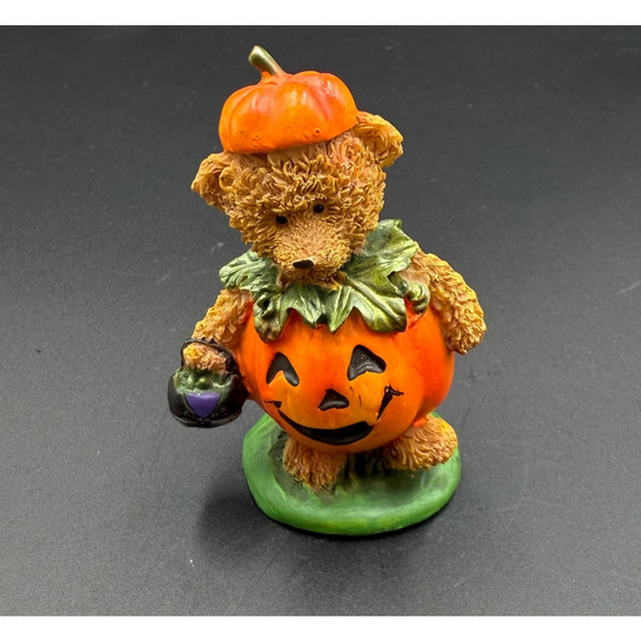 Vintage Pumpkin Teddy Bear Figurine Halloween Mini Statue - Picture 1 of 10